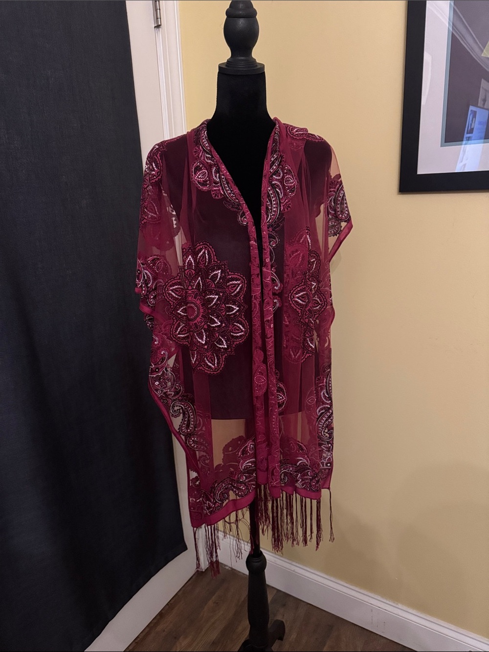 David and Young Embroidered Fringe Sheer Kimono in Berry
